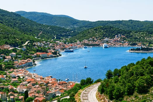 Island of Vis bay aerial view, Dalmatia, Croatia. Europe paradice Vis Island in bay of adriatic sea.