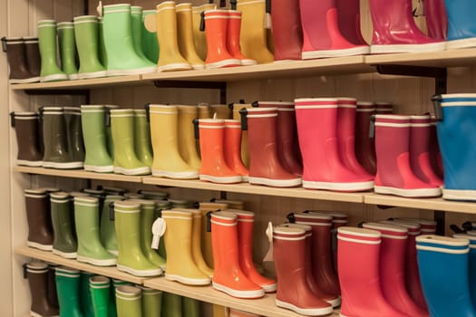 Rubber boots of different colors on store shelves