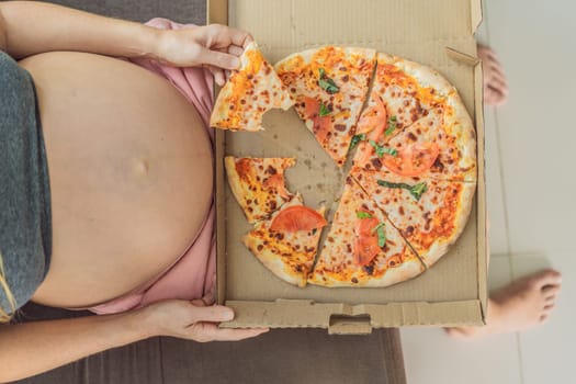 A pregnant woman enjoys a slice of pizza, savoring a moment of indulgence while satisfying her craving for a delightful, comforting treat. Excited Pregnant Young Lady Enjoying Pizza Holding Biting Tasty Slice Posing With Carton Box. Junk Food Lover Eating Italian Pizza. Unhealthy Nutrition Cheat Meal.