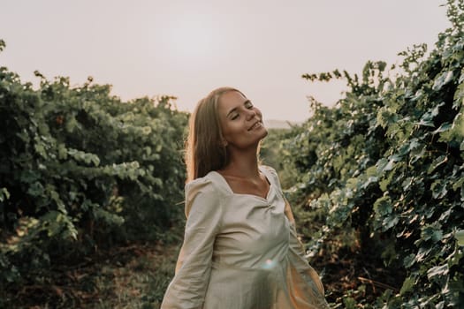 Picnic and wine tasting at sunset in the hills of Italy, Tuscany. Vineyards and open nature in the summer. Romantic dinner, fruit and wine.