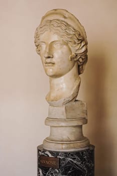 Rome, Italy, August 24, 2008: Marble head of the Goddess June, wife of Zeus. Altemps Palace