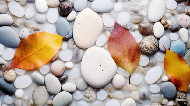 Pebbles and leaves on a light gray background. This image shows a collection of pebbles and leaves of various colors and shapes. High quality photo