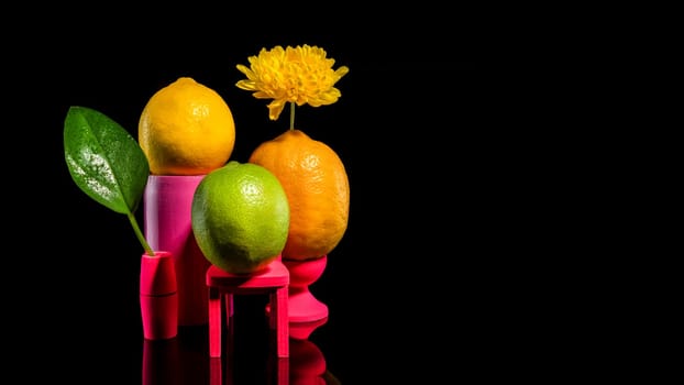 Creative still life with two lemons and lime on a black background. Family portrait.