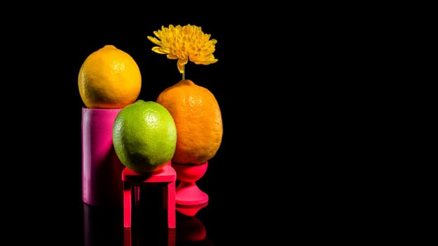 Creative still life with two lemons and lime on a black background. Family portrait.