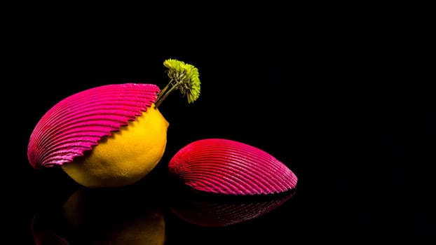 Creative still life with lemon and shells on a black background