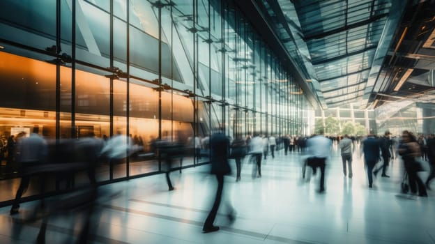 Business people rushing in office lobby with motion blur