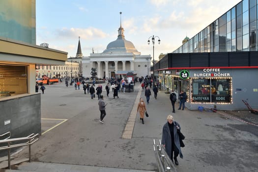 Moscow, Russia - Nov 1. 2023. Area of Leningradsky railway station with people and cafe