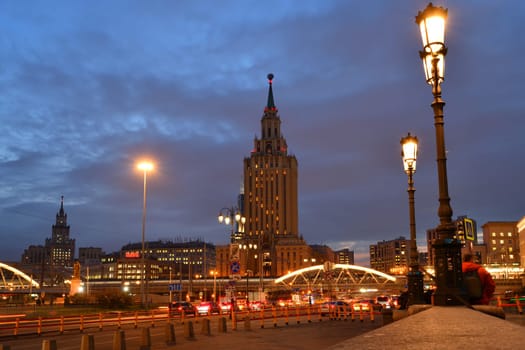 Moscow, Russia - Nov 1. 2023. General view of the Leningradskaya Hotel in the night