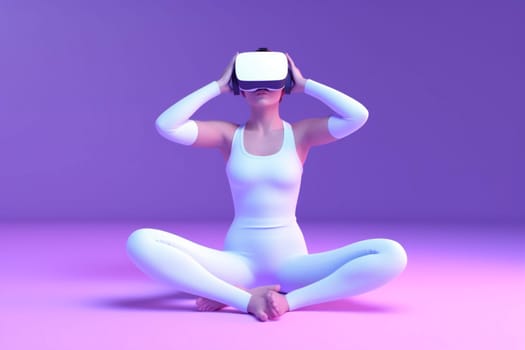woman sport vr neon digital reality innovation colorful smart render 3d entertainment virtual background science game glasses yoga creative lifestyle headset connect. Generative AI.