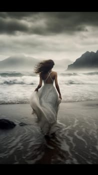 woman looking landscape wedding ocean coast dramatic dress cloud sea beach summer travel vacation water storm beauty white sky nature sunlight. Generative AI.