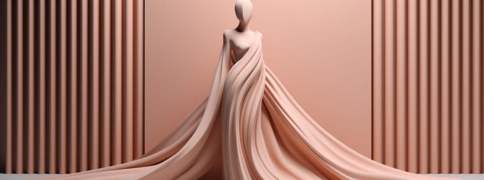 woman hair beauty motion flying model lady beige pink dress background fabric dynamic girl waving fashion fantasy young flowing wind textile isolated. Generative AI.