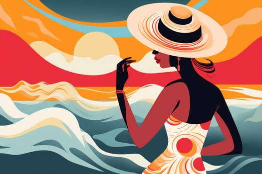 woman beach tropical hat fashion tanned girl retro female black cartoon young lifestyle american beige swim african illustration summer bikini vacation concept. Generative AI.