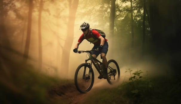 woman path night sport mountain exercise green ride walking healthy biker bicycle cycling bike summer wood sunset bike dark hiking nature forest. Generative AI.