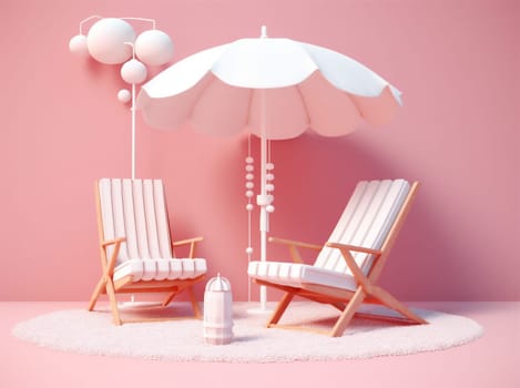 retro concept beach parasol poster lounge banner sun sand striped pink water design vacation summer holiday umbrella season ball chair. Generative AI.