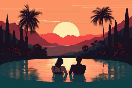 island lovers couple getaway honeymoon romance pool jungle travel vacation water sun back summer romantic infinity sunset relax happy swimming. Generative AI.