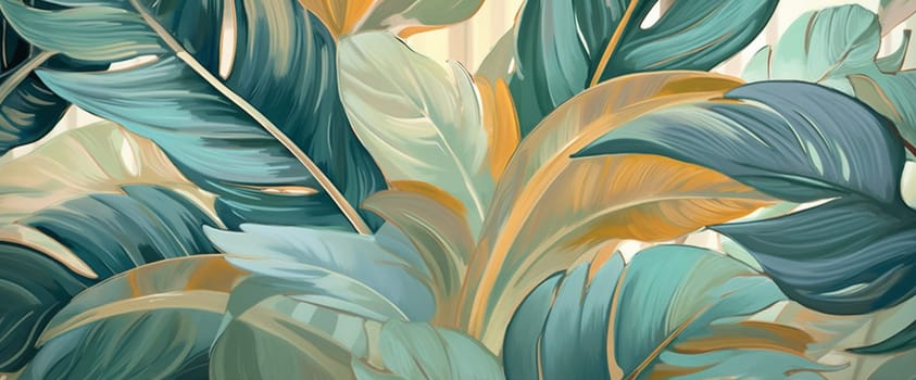 pattern minimal dark beautiful gold tropical leaf texture hawaiian wallpaper nature concept background natural jungle modern foliage colourful design green monstera. Generative AI.