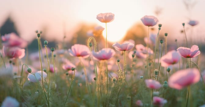 blooming beauty wild pink sunset garden background meadow sunlight natural violet autumn field flower purple beautiful sunny bloom nature plant sky. Generative AI.