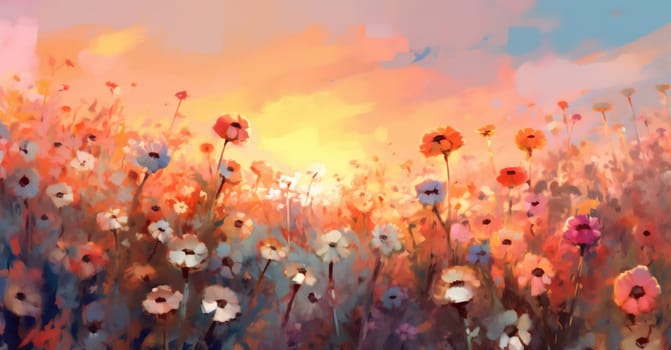 field floral flower sky pretty landscape petal green pink countryside plant sunset blooming beautiful spring meadow background nature violet rural blossom. Generative AI.