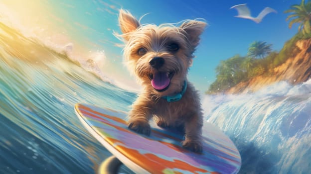 dog summer surfer labrador isolated flower fun vacation animal puppy funny wave holiday ocean surfboard power tropical travel beach retro. Generative AI.