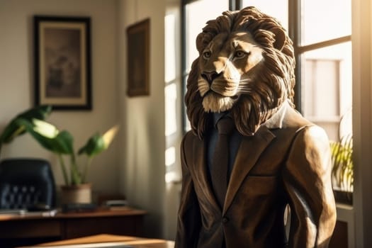 Add a touch of royalty to your office decor with this iconic photo of a lion wearing a suit and tie, a perfect symbol of strength and nobility. AI Generative.