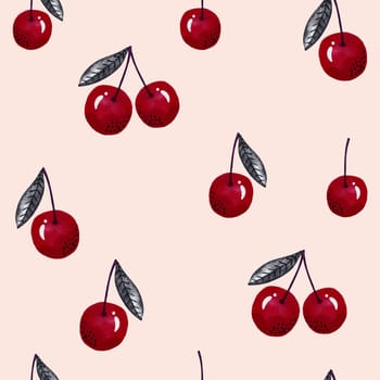 Watercolor cherry pattern. Great for fabric textile, fabric, apparel. Summer berry texture.
