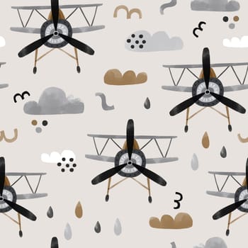 Watercolor seamless pattern with retro aircraft, clouds, drops. Childish texture with airplane.  illustration.