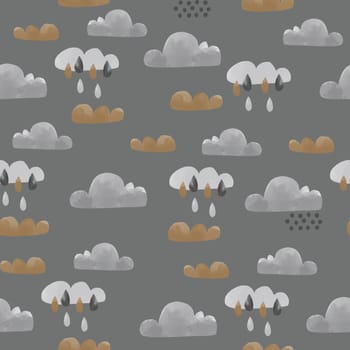 Watercolor retro style with clouds and water drops. Vintage childish  texture. Great for fabric, textile.