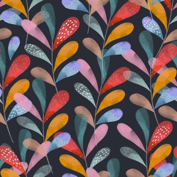 Watercolor colorful floral pattern. Seamless leaves dark blue texture. Great for for fabric textile, apparel, wallpaper.