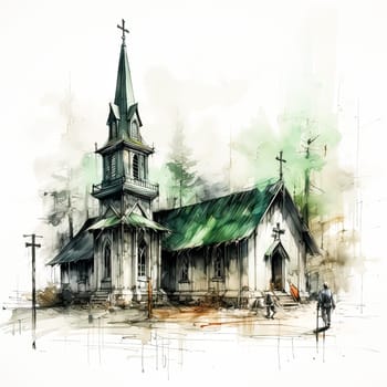 Architectural Artistry, A watercolor sketch captures the beauty of a church liner in harmonious green hues