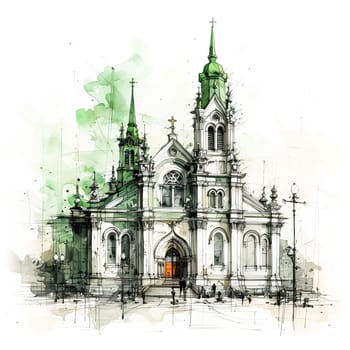 Verdant Cathedral, Watercolor portrayal of a church liner sketch in soothing green, merging design with nature
