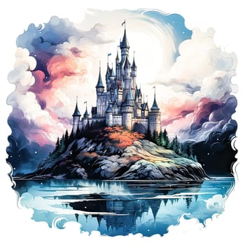 Majestic Castle, Watercolor sketch of a royal fortress surrounded by the beauty of nature in a serene landscape