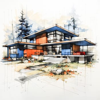Artistic Abode, A watercolor sketch of a modern house blending seamlessly with the serene forest