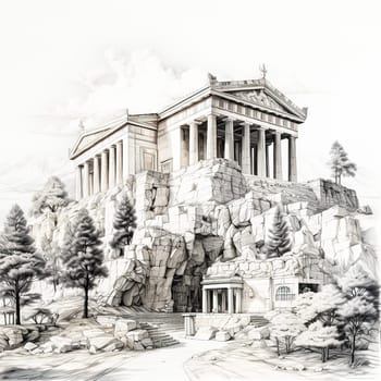 Historical Elegance, A watercolor portrayal of an old Greek style temple, a testament to timeless artistry