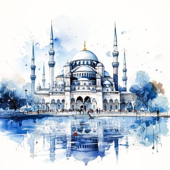 Architectural Legacy, Watercolor portrayal of a Turkish style temple, preserving its timeless design