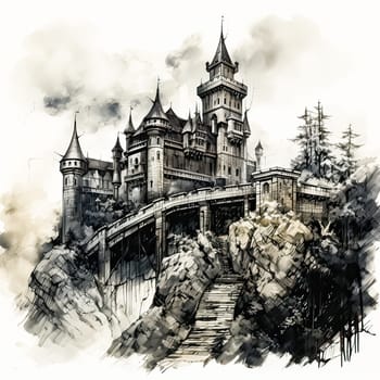 Natures Castle, A watercolor sketch of a royal fortress blending seamlessly with the surrounding scenic beauty