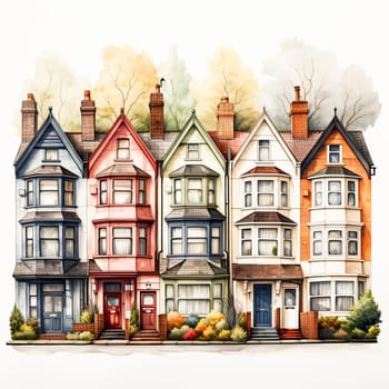 European Elegance, Watercolor sketch of charming houses, capturing timeless European architecture