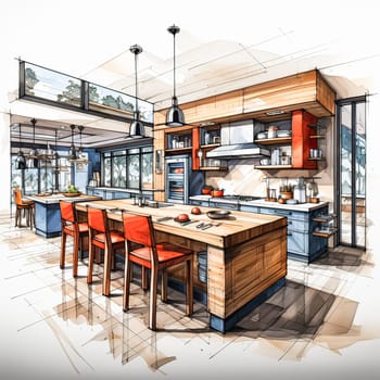 Artistic Culinary Space, Watercolor sketch captures an American modern style kitchens creative interior design