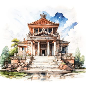 Greek Grandeur, Watercolor sketch of an ancient temple, radiating the classic beauty of Greek architecture