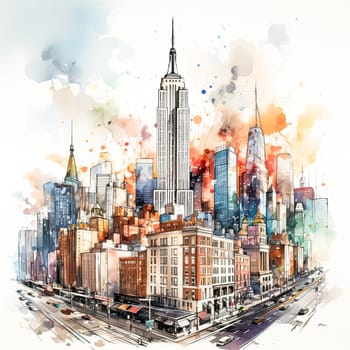 Architectural Artistry, Watercolor sketch of New Yorks skyscrapers, a testament to urban creativity.
