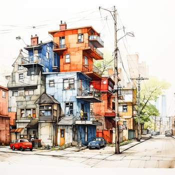 Colorful Townscape, Watercolor liner sketch captures a small towns diverse, multi colored architectural design