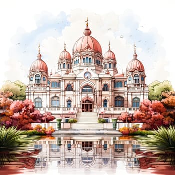 Serenity in Sketch, An Indian style temple harmonizes with nature in a captivating watercolor portrayal