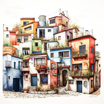 Spanish Splendor, Watercolor liner sketch of a charming street with multi colored houses in Spanish style