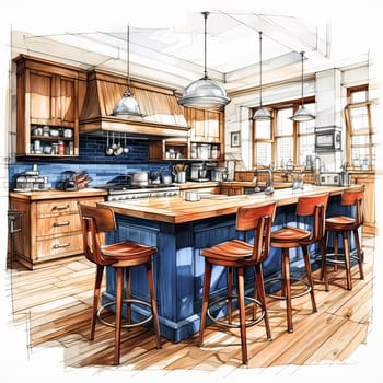 Watercolor Culinary Art, A stunning kitchen design transforms into a vibrant watercolor sketch, a fusion of creativity and style