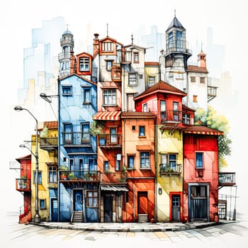 Italian Charms, Watercolor sketch of picturesque Italian style houses amid lush, natural beauty