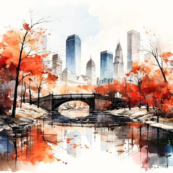 Scenic Serenity, Watercolor art showcases New Yorks autumn at a tranquil lake, a captivating landscape