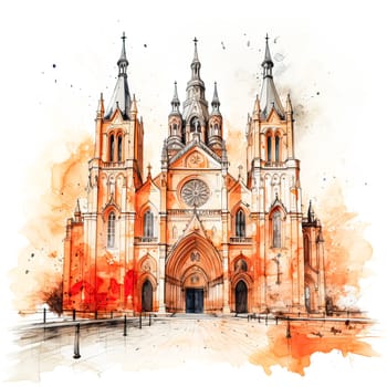 Architectural Elegance, A watercolor sketch captures a cathedral in bright orange, an artful blend of design