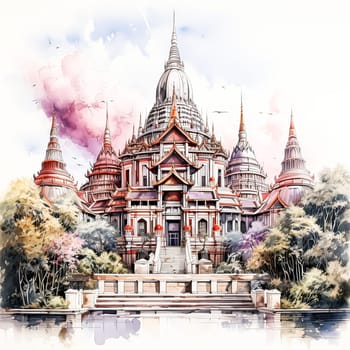 Temple Tranquility, Sketch in watercolor liners celebrates the serene beauty of an ancient Thai style temple