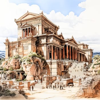 Sketching History, Watercolor artwork showcases an ancient Greek style temple, an expression of architectural artistry
