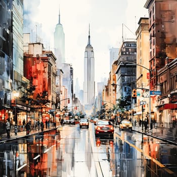 Urban Impression, Watercolor sketch captures the energy of New York streets and iconic skyscrapers