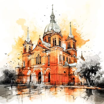 Vibrant Cathedral Art, Watercolor sketch in striking orange, highlighting architectural design in vivid hues